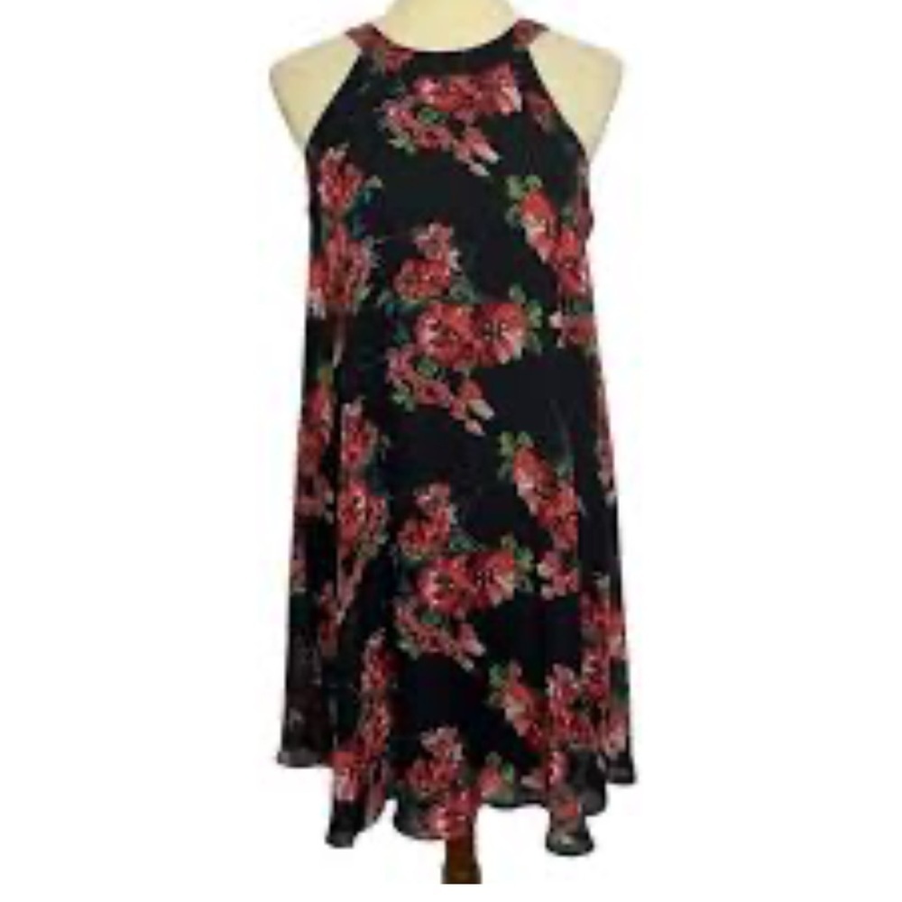 Betsey Johnson Black Floral Sleeveless Halter Mini Flowy Romantic Dress Sz 6
